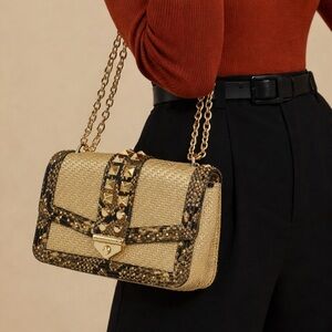 Michael Kors Straw‎ Snakeskin Studded Crossbody Bag Designer Purse